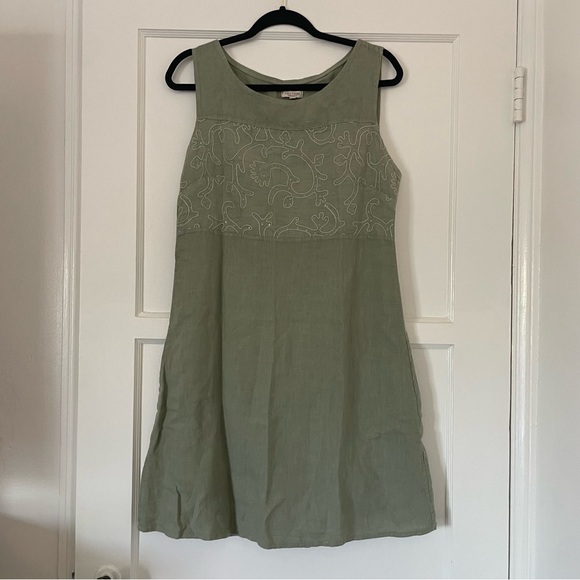 Lina Tomie 100% LINEN Sequin Embroidered Midi Dress sage comfortable dress Large - Picture 1 of 7